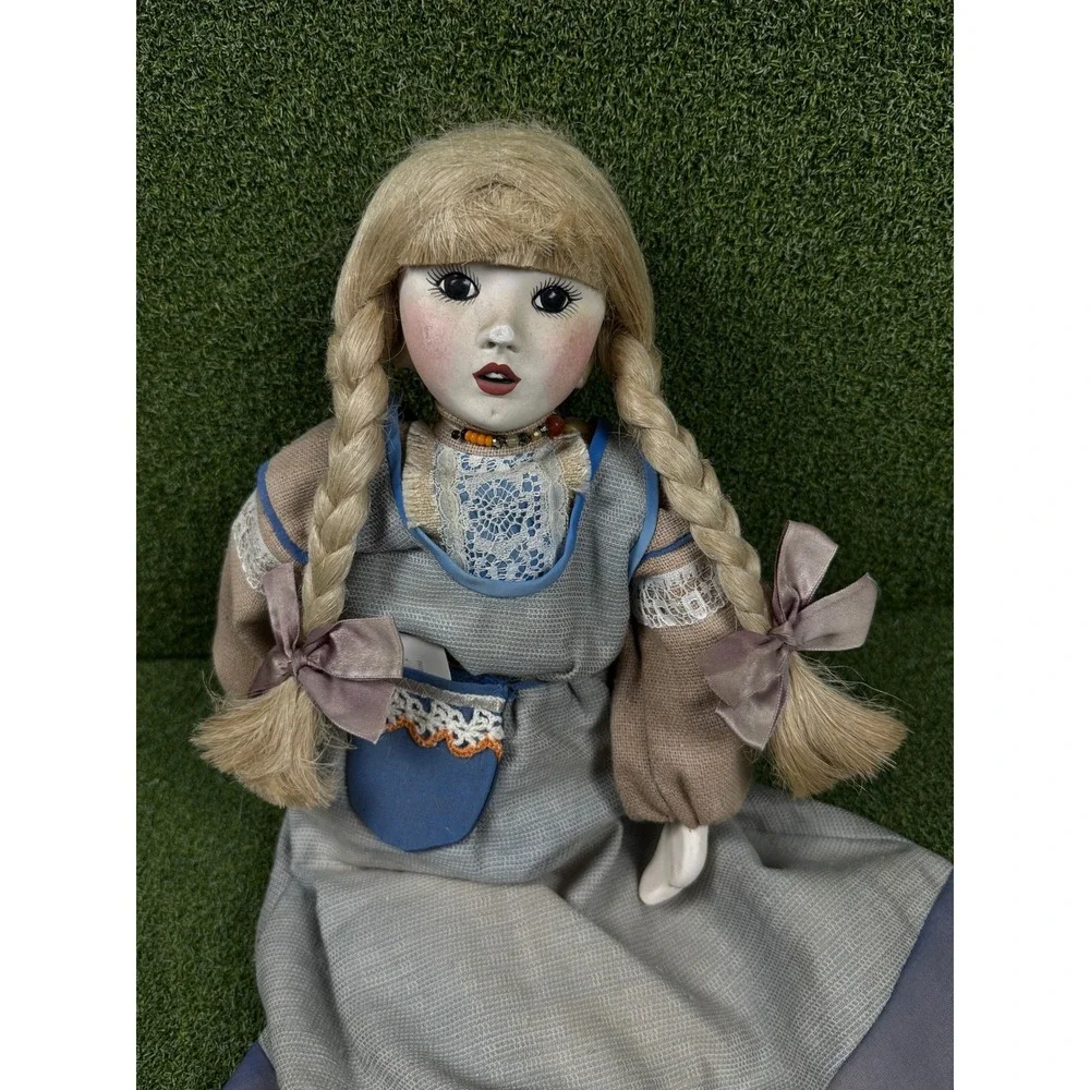 Vintage Porcelain Face Cloth Body Doll Blonde Braids Prairie Dress‎ 34in